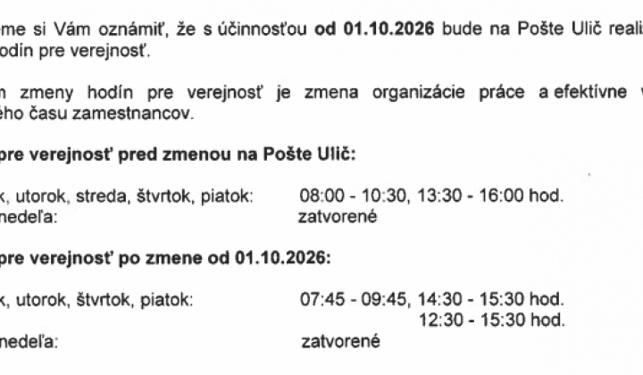 1. fotografia fotogalérie Aktuality / Otváracie hodiny Pošta Ulič - foto