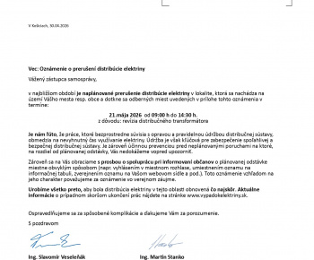 Aktuality / Oznámenie o prerušení distribúcie elektriny 21.05.2026 - foto