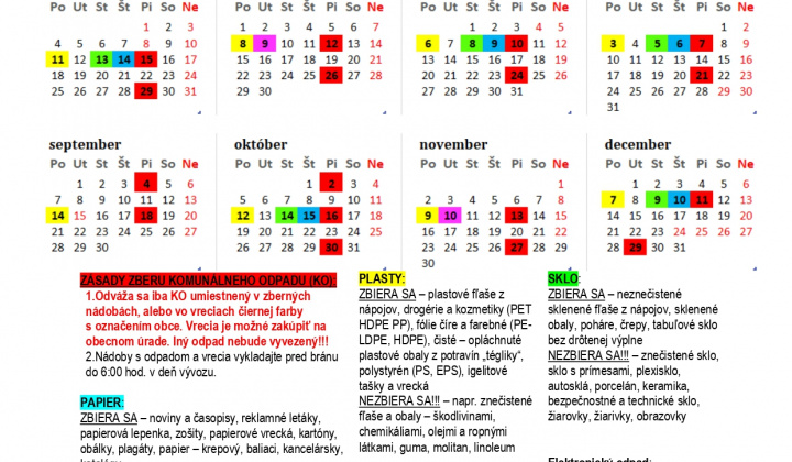 Kalendar zberu komunálneho a separovaného odpadu na rok 2026